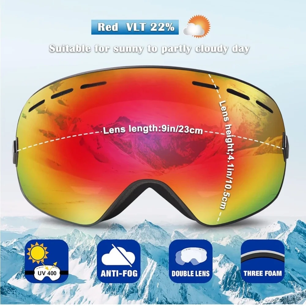 Mirrored Red Snow Ski Goggles with Black Strap